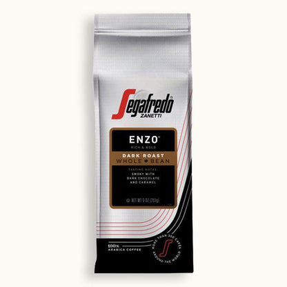 A bag of Segafredo Zanetti® Coffee Enzo Dark Roast Whole Bean Coffee, featuring tasting notes of dark chocolate and caramel. This 8.8 oz (250g) bag holds a versatile blend honoring Italian tradition with 100% Arabica beans.