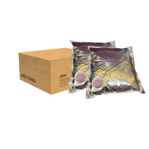 Two sealed, flexible pouches containing red liquid placed next to a Segafredo Zanetti cardboard box labeled "shelf stable.