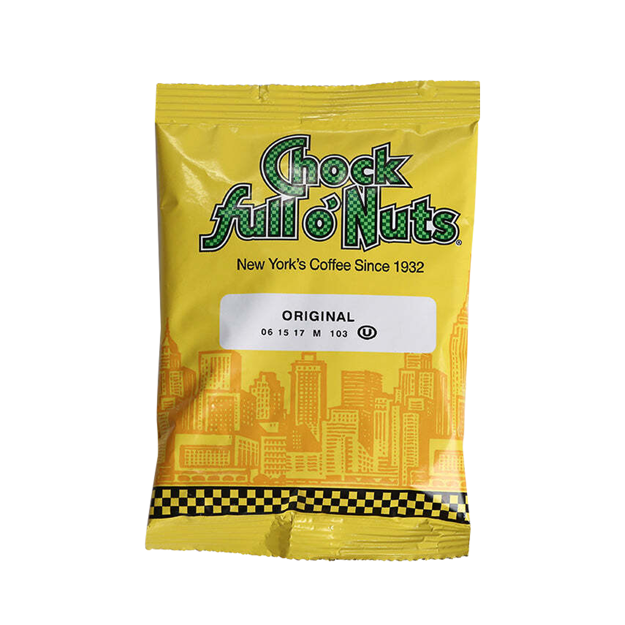A yellow packet of Chock full o’Nuts® Original Medium Roast coffee with the slogan "New York's Coffee Since 1932" and a city skyline design on the bottom, featuring ground coffee made from 100% premium coffee beans.