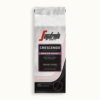 Segafredo Zanetti® Coffee Crescendo Medium Roast, 100% Arabica, features sweet dark cherry and raspberry notes with earthy undertones in classic Italian style. Ground coffee, 12 oz (340g).
