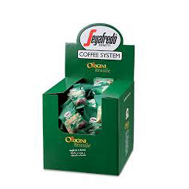 A green Segafredo Zanetti display box containing individually packaged coffee pods labeled "Origini Brasile," showcasing the richness of Brazilian Single Origin Espresso from the esteemed Nossa Senhora da Guia plantation. Perfect for use with your Segafredo Espresso 1 Brewer.